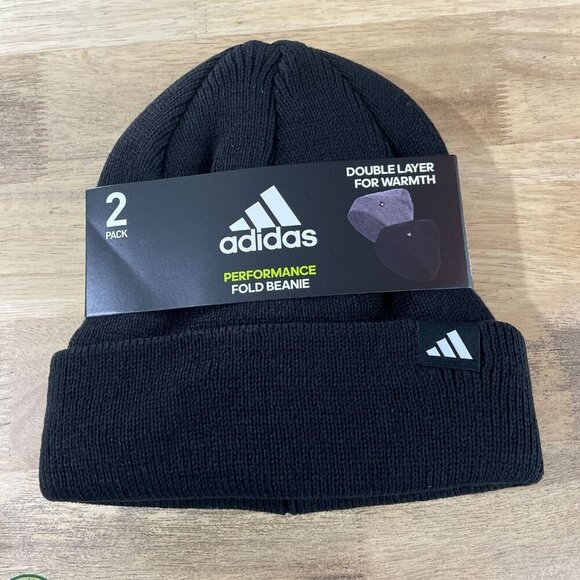 NEW Adidas 2-Pack Performance Fold Beanie Double Layer Warmth Black & Gray - Picture 1 of 3